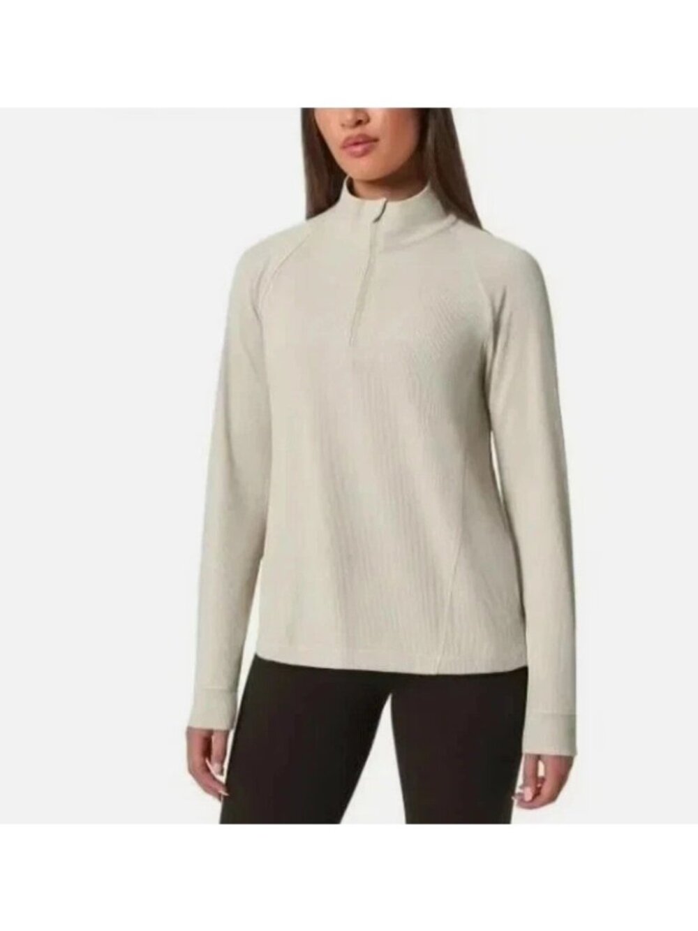 NWT Mondetta Women's L Beige Active Ribbed 1/4 Zip Long sleeve Polo Shirt